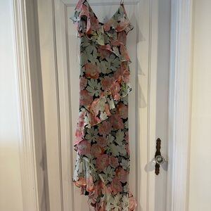 Zara Asymmetrical Floral Dress - Pink, Green, Black